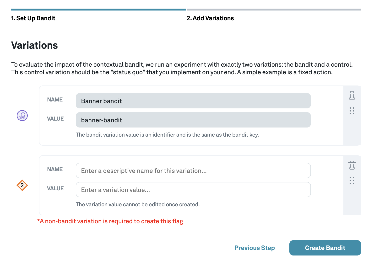Create a contextual bandit control variation