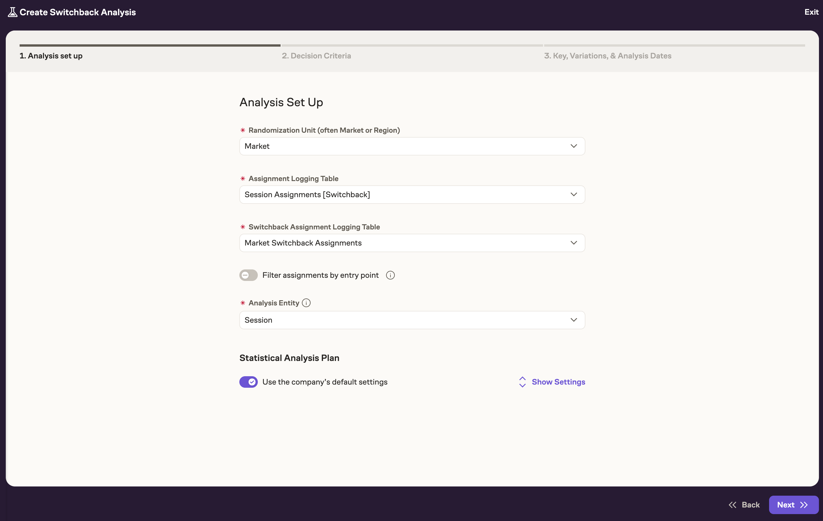 Configuring the Switchback analysis