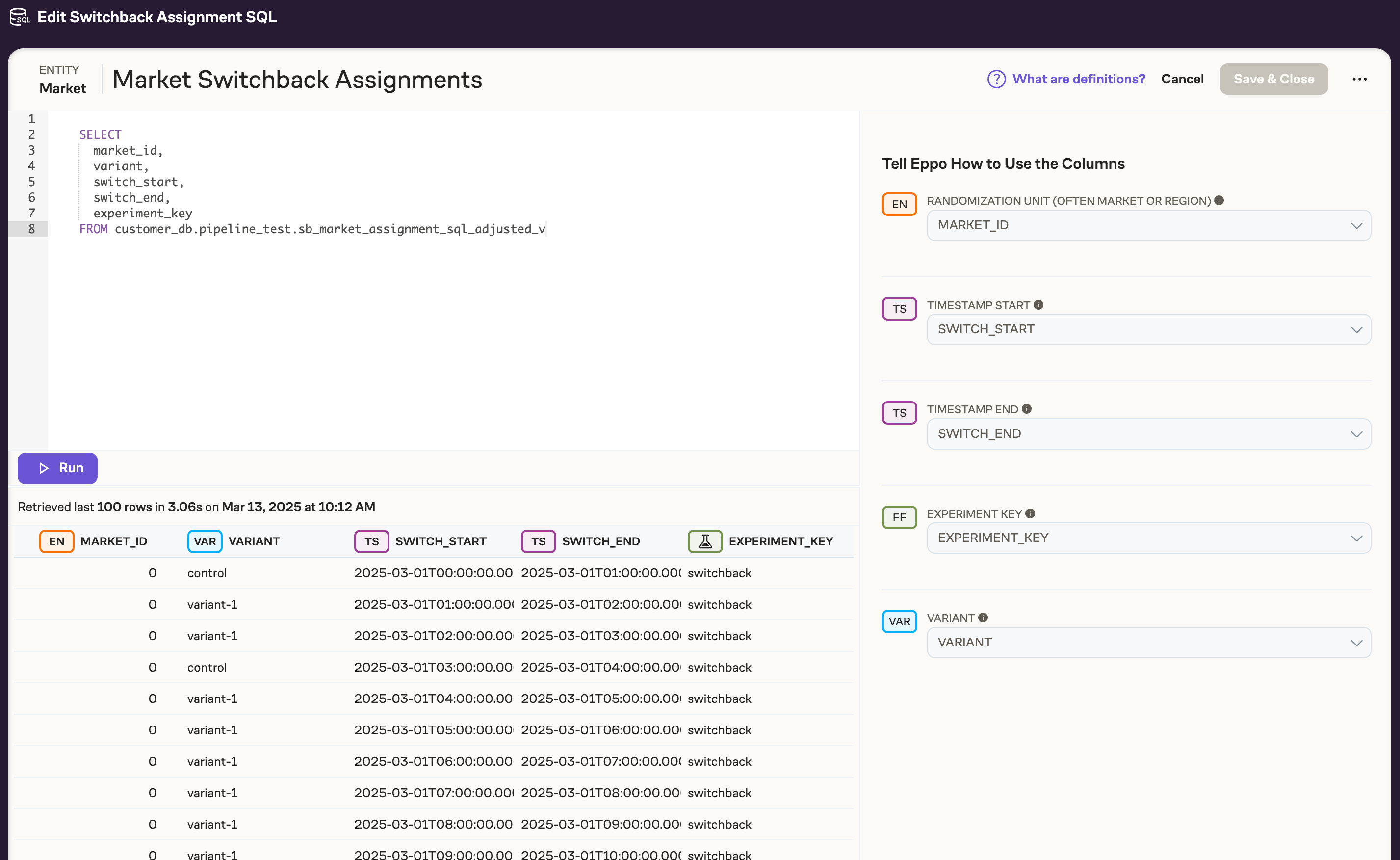 Configuring the Switchback assignment SQL